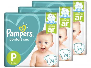 Kit Fraldas Pampers Confort Sec Tam. P 3 Pacotes - 74 Unidades Cada Extra Sec Pods