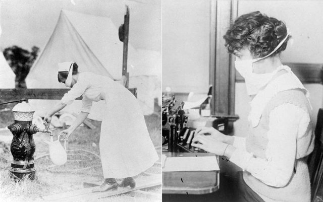 Esquerda: Um datilógrafo trabalha usando uma máscara, na cidade de Nova York.  Direita: Uma enfermeira se protege enquanto busca água.