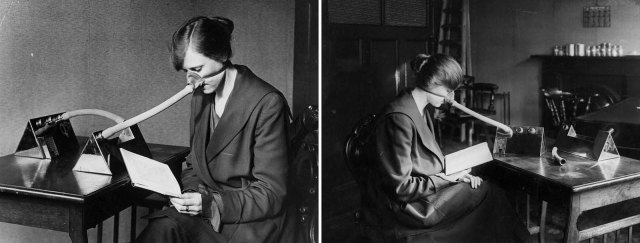 Um paciente usa um bico de gripe.  1919