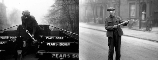 Um homem prepara spray anti-gripe para ônibus do London General Omnibus Co. (Londres, 2 de março de 1920).