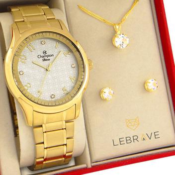 Relógio Champion Feminino Dourado CN26402W Prova d'água 1 ano de garantia original com colar e brincos