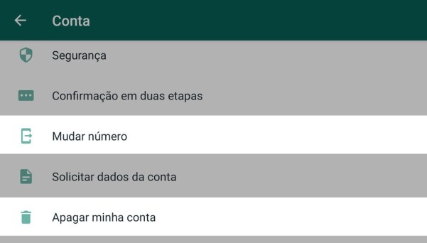 Opção para mudar número e apagar conta do WhatsApp.  — Foto: Reprodução