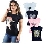 Kit 5 - blusas t-shirt feminina estampas e cores variadas